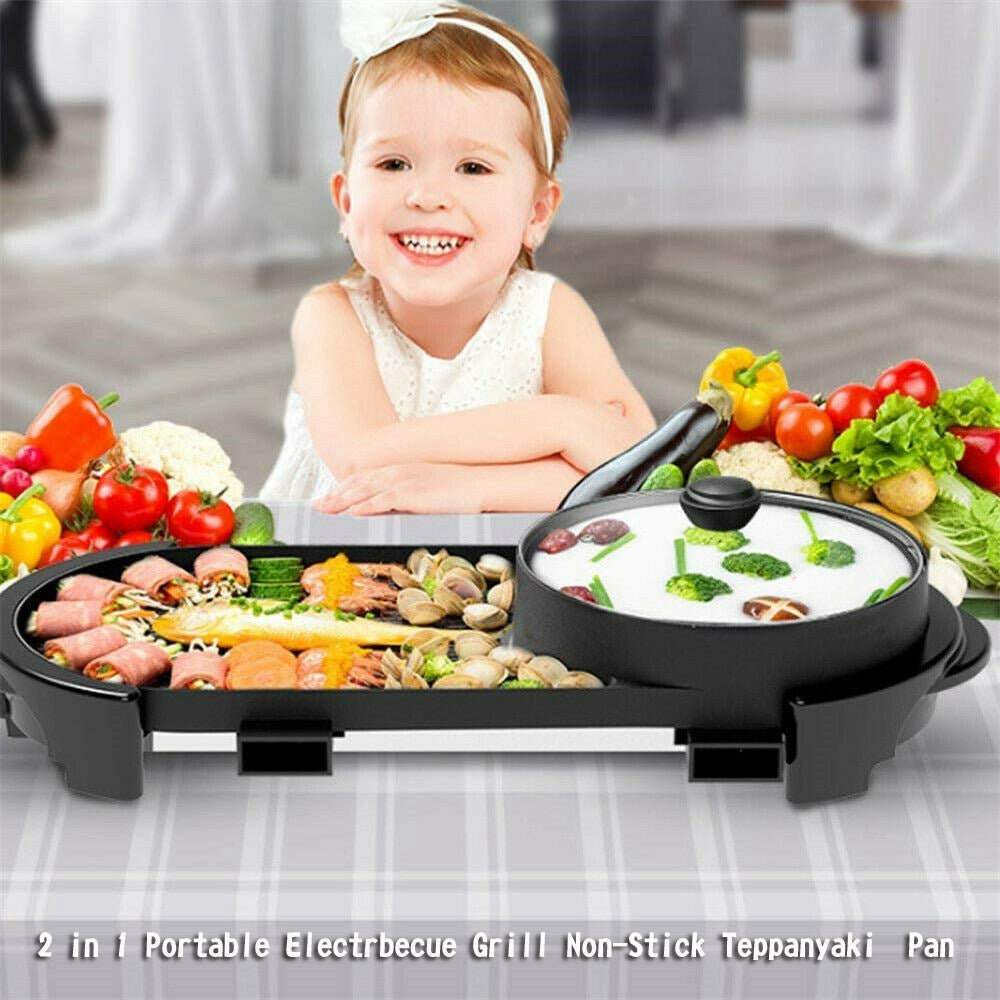 Dual Function Electric Hot Pot and Barbecue Grill with Non-Stick Teppanyaki Cooking Plate