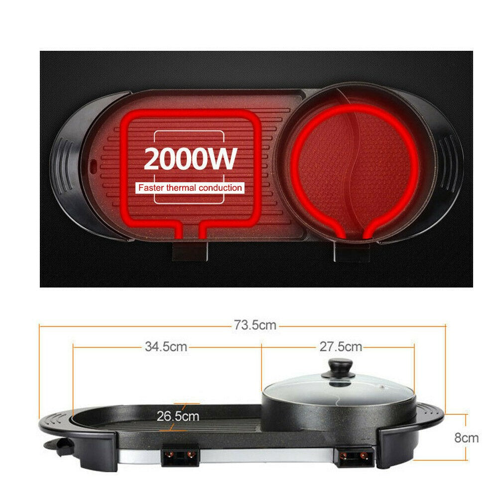 Dual Function Electric Hot Pot and Barbecue Grill with Non-Stick Teppanyaki Cooking Plate