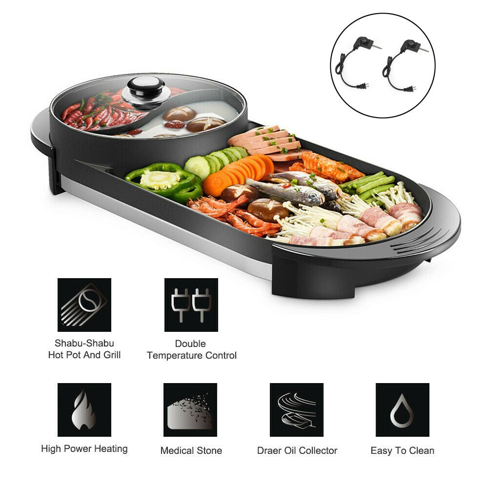 Dual Function Electric Hot Pot and Barbecue Grill with Non-Stick Teppanyaki Cooking Plate