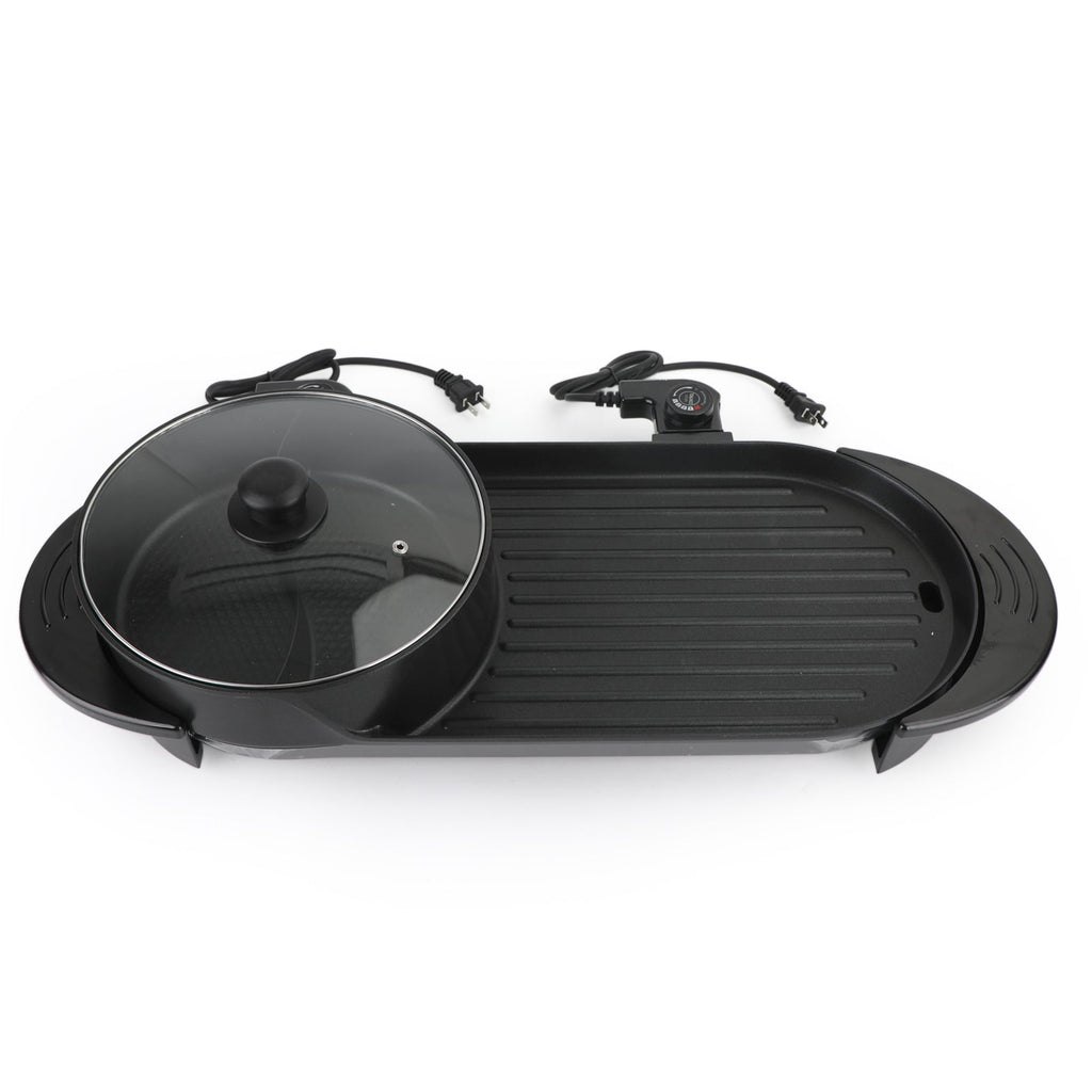 Dual Function Electric Hot Pot and Barbecue Grill with Non-Stick Teppanyaki Cooking Plate