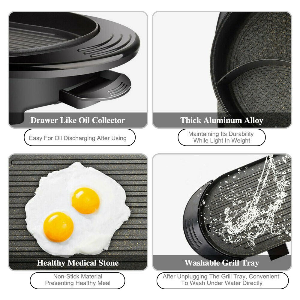 Portable 2-in-1 Electric Teppanyaki Grill and Hot Pot Cooking Pan with Non-Stick Surface