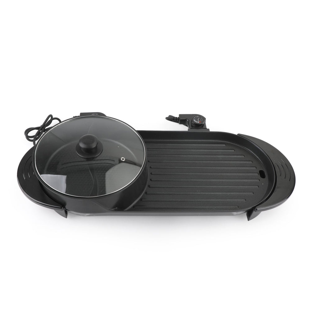 Dual Function Electric Hot Pot and Barbecue Grill with Non-Stick Teppanyaki Cooking Plate