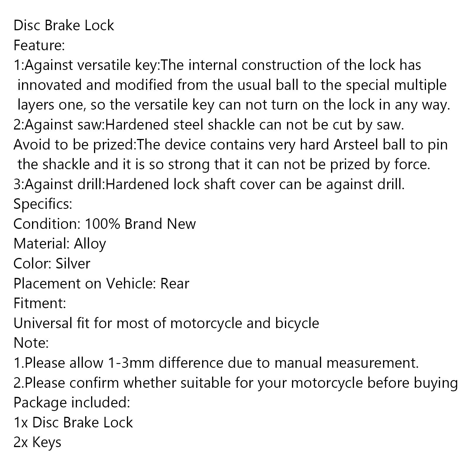 Portable Security Wheel Disc Brake Lock for Motorcycle Bicycle Bike Scooter Generic