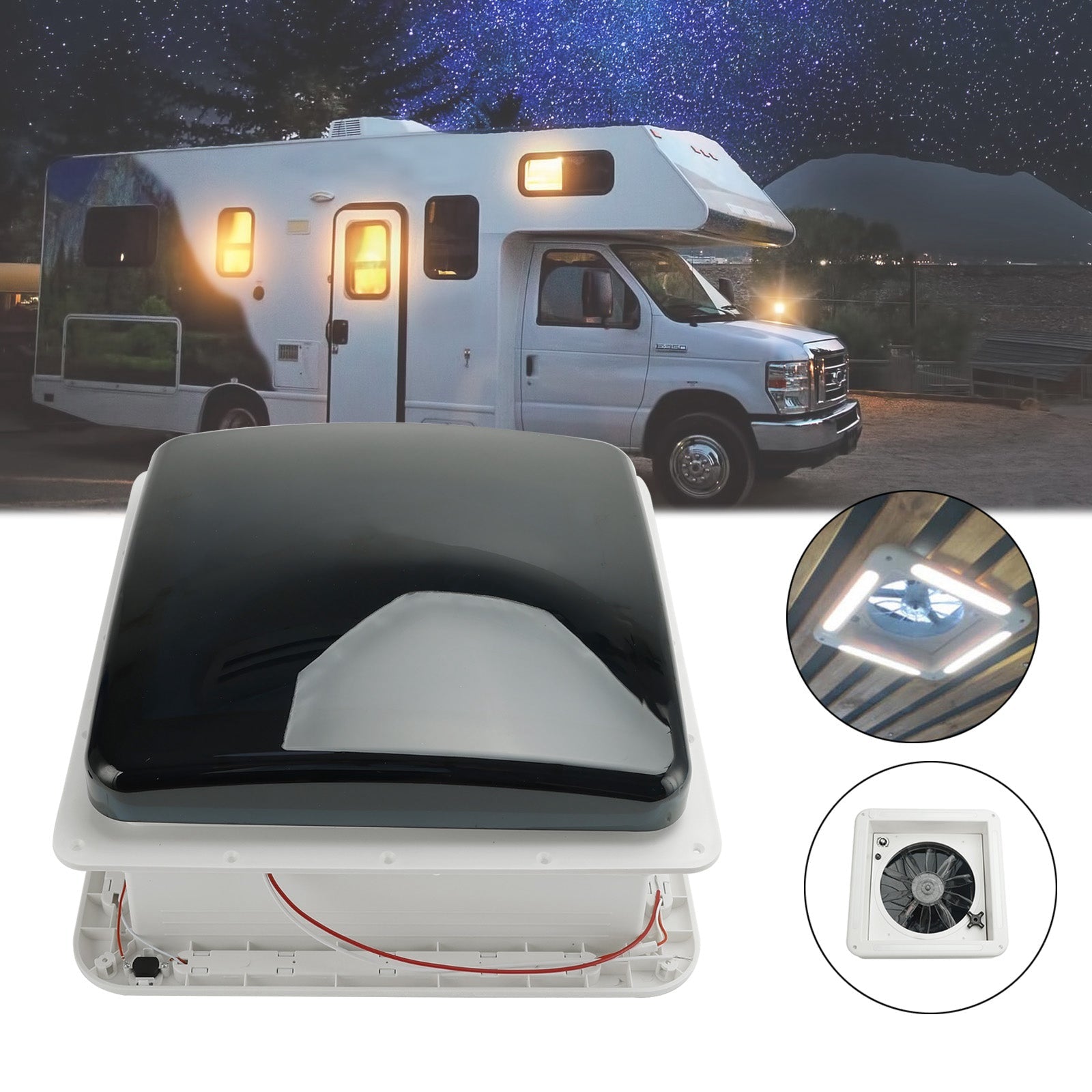 14 Inch Caravan RV Skylight Roof Vent Fan 3-Speed 12V Motor With LED Light