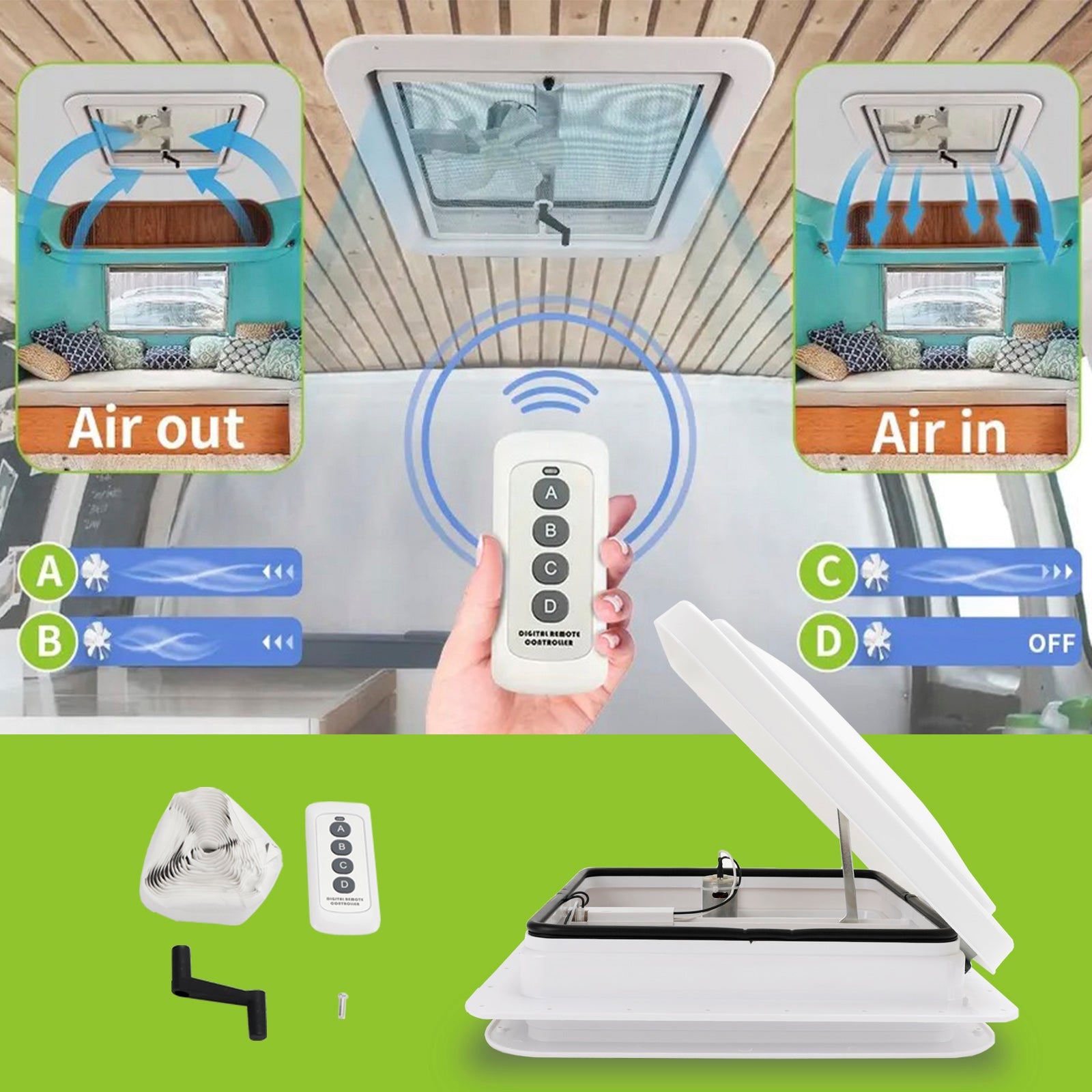 14" Remote Control Camper Roof Vent Skylight Exhaust Fan for RV Motorhome Caravan