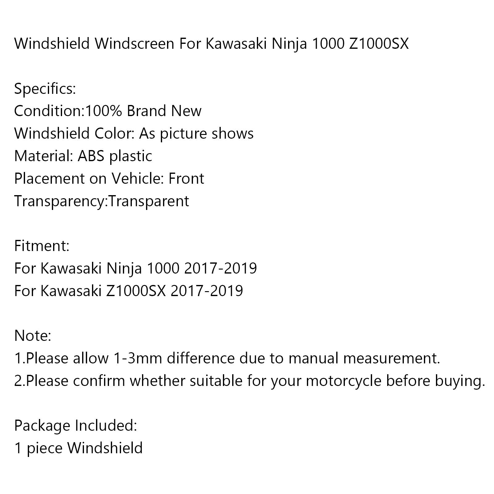 Kawasaki Ninja 1000 Z1000SX Motorcycle Windscreen 2017-2019 Universal Fit