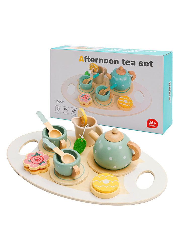 15 Piece Wooden Kitchen Toy Dishes and Tea Set for Children's Play Kitchen