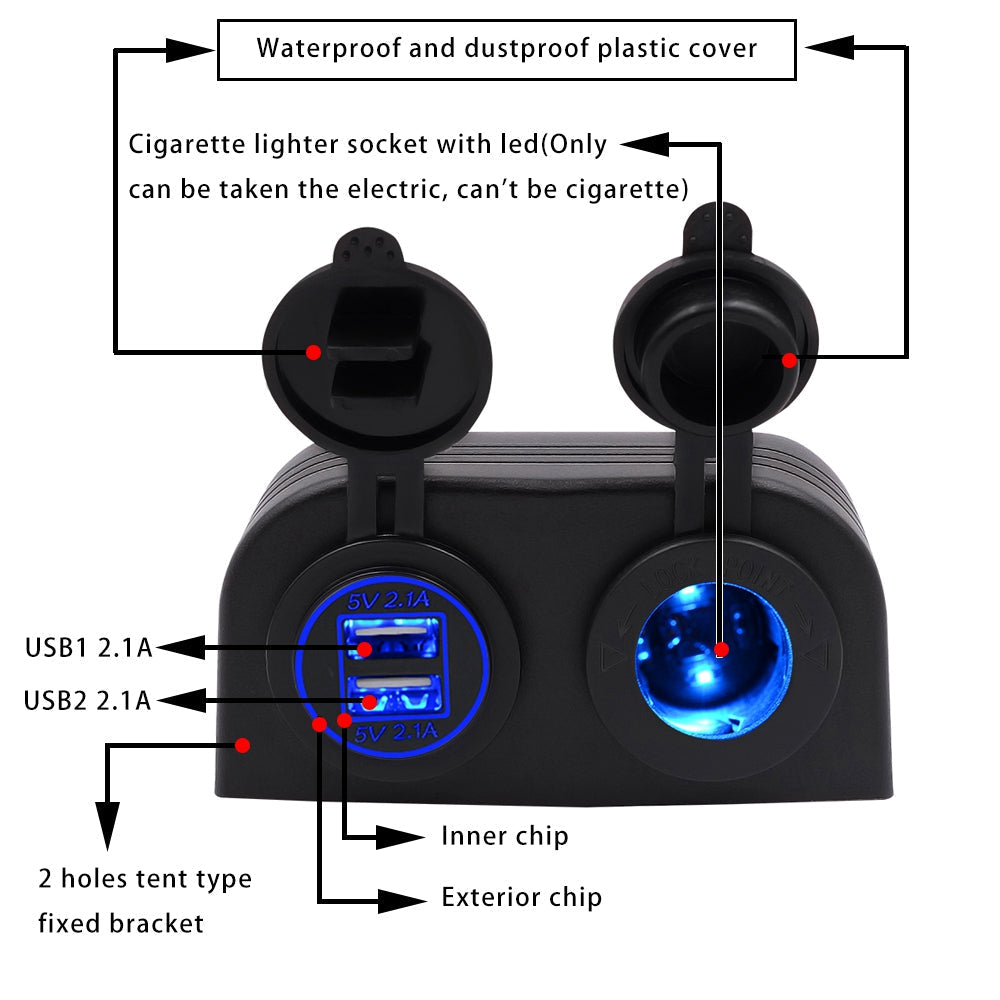 12V/24V Dual Socket Cigarette Lighter Charger Panel with 2 Hole Installation for Vehicles and Marine Use