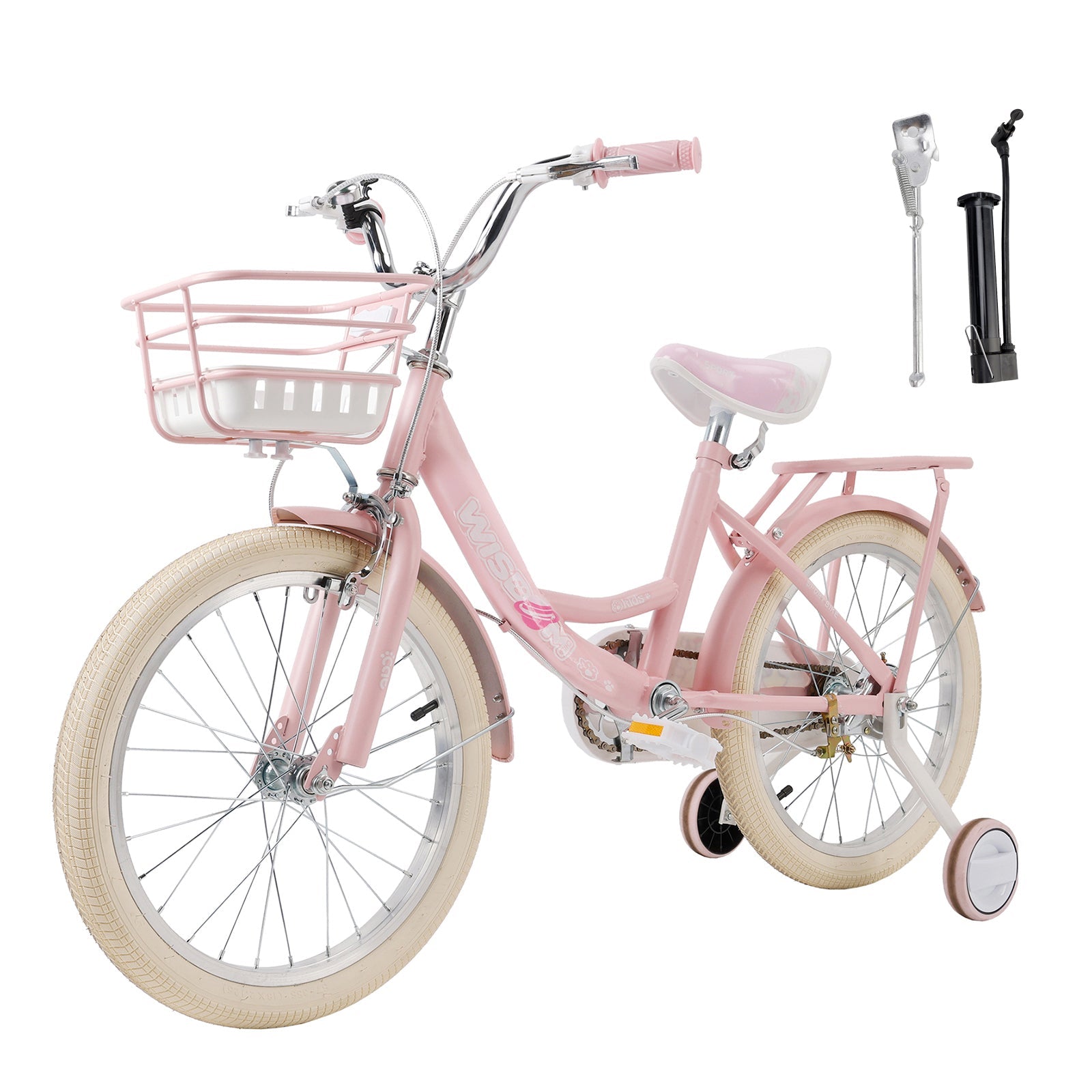 18 Inch Pink Girls Bicycle with Side Wheels, Storage Basket and Carrier Rack