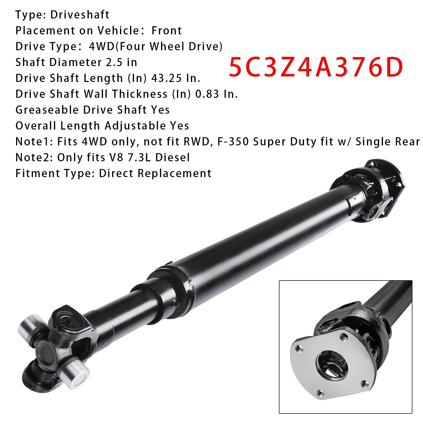 2001 2002 2003 Ford Excursion 7.3L V8 Diesel Front Driveshaft 5C3Z4A376D F81Z4A376MA