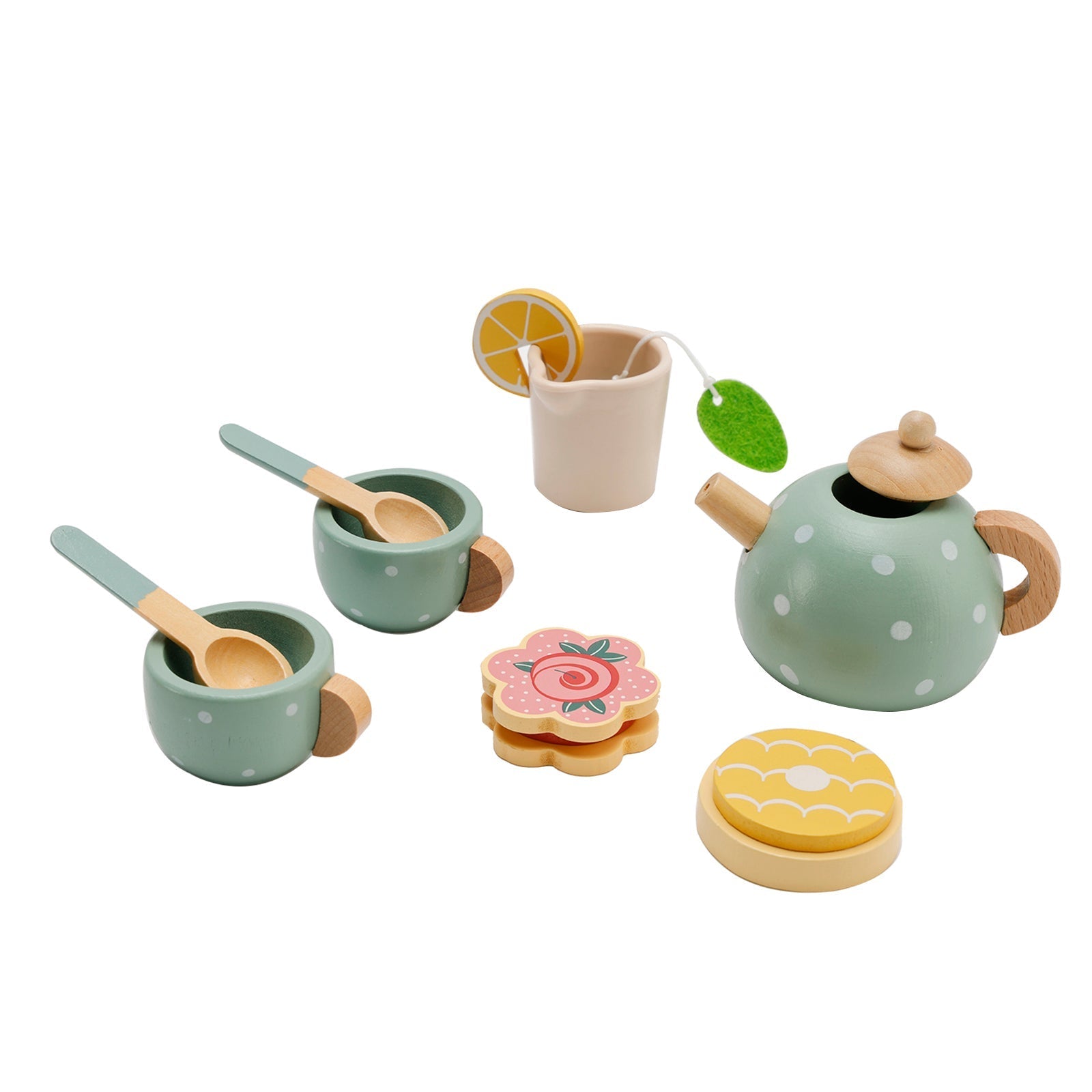 15 Piece Wooden Kitchen Toy Dishes and Tea Set for Children's Play Kitchen