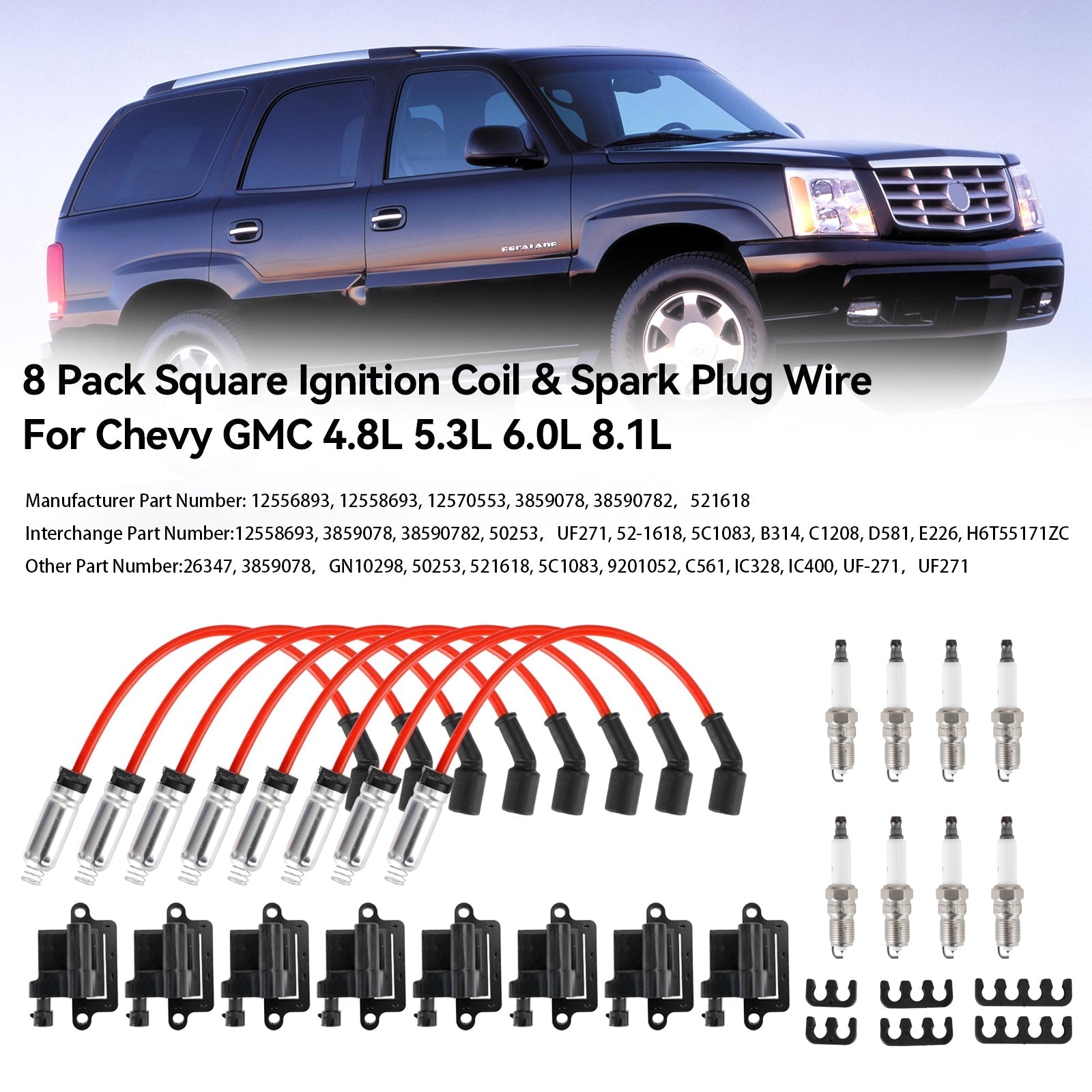Mercruiser 2001-2007 All Models 8 Pack Square Ignition Coil with Spark Plug Wire Set
