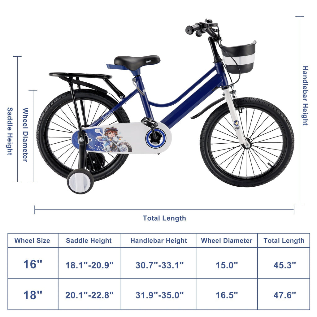 16 and 18 Inch Children's Bicycle with Balance Wheels, Rear Rack and Cargo Basket