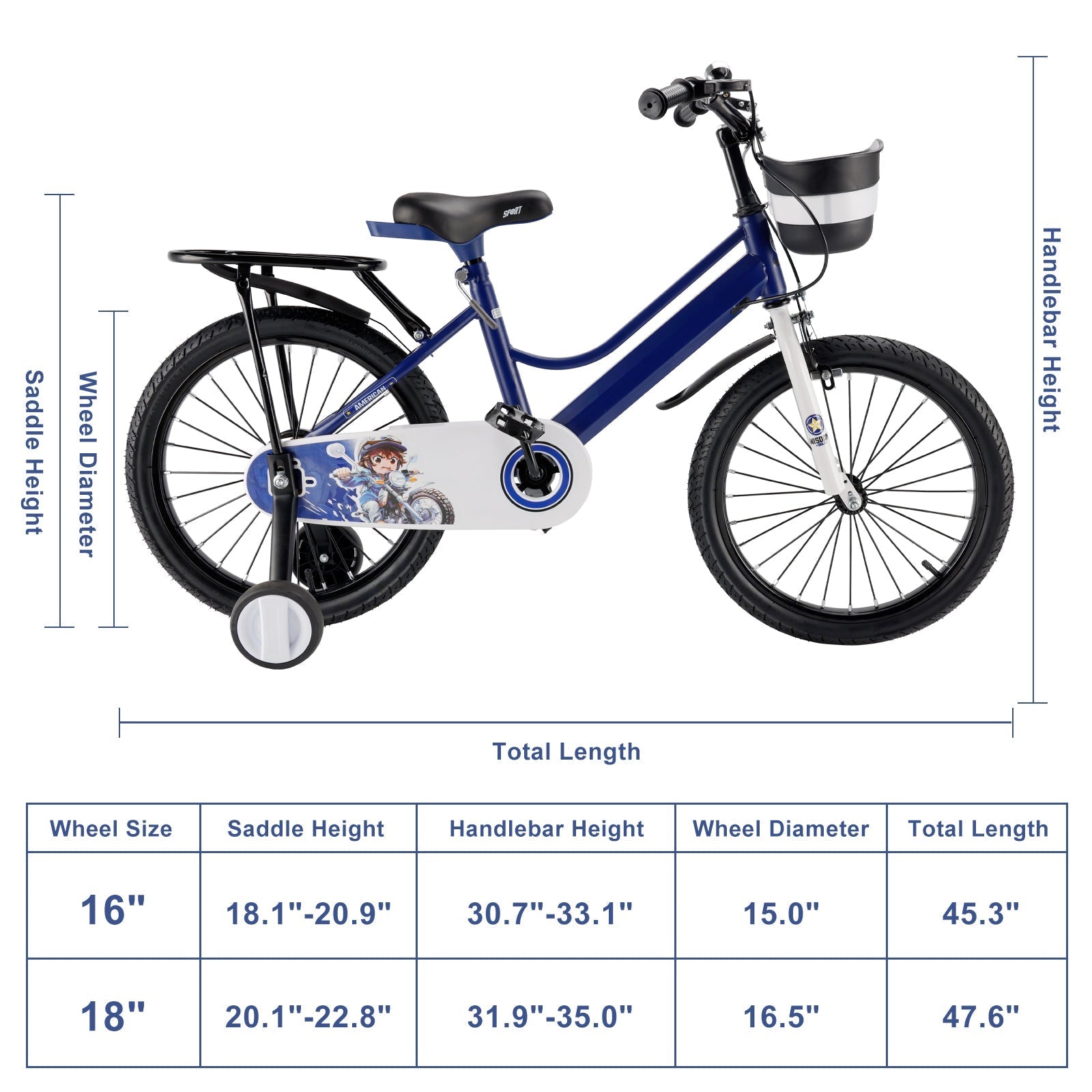 16 and 18 Inch Children's Bicycle with Balance Wheels, Rear Rack and Cargo Basket