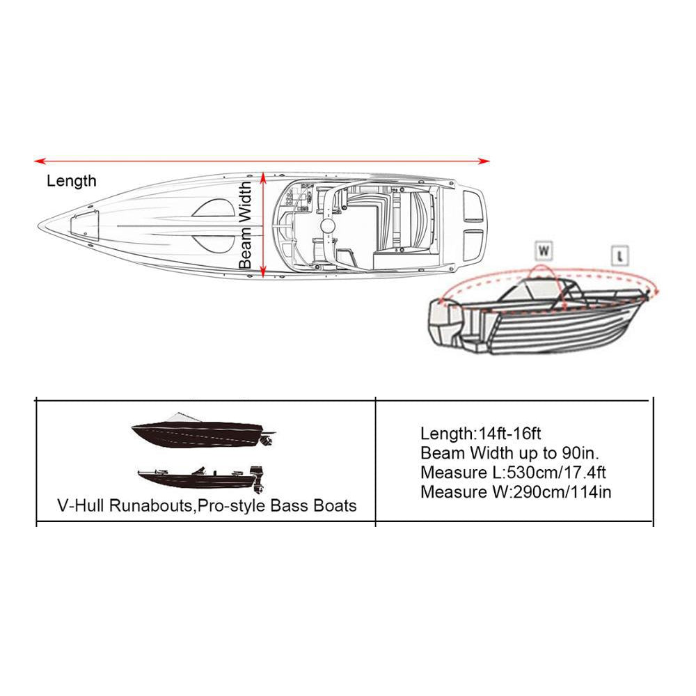 14 to 16 Foot V-Hull Fishing Boat Trailerable Cover Black Waterproof Heavy Duty