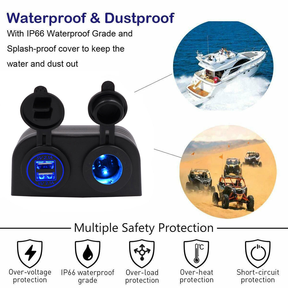 Dual Purpose 12V/24V Cigarette Lighter Charger with 2 Hole Panel Mount for Boats and Cars