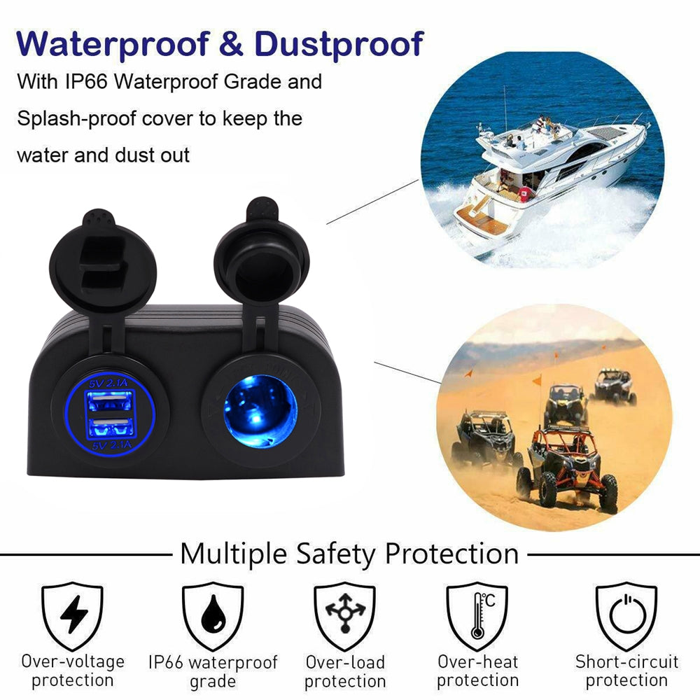 12V/24V Dual Socket Cigarette Lighter Charger Panel with 2 Hole Installation for Vehicles and Marine Use