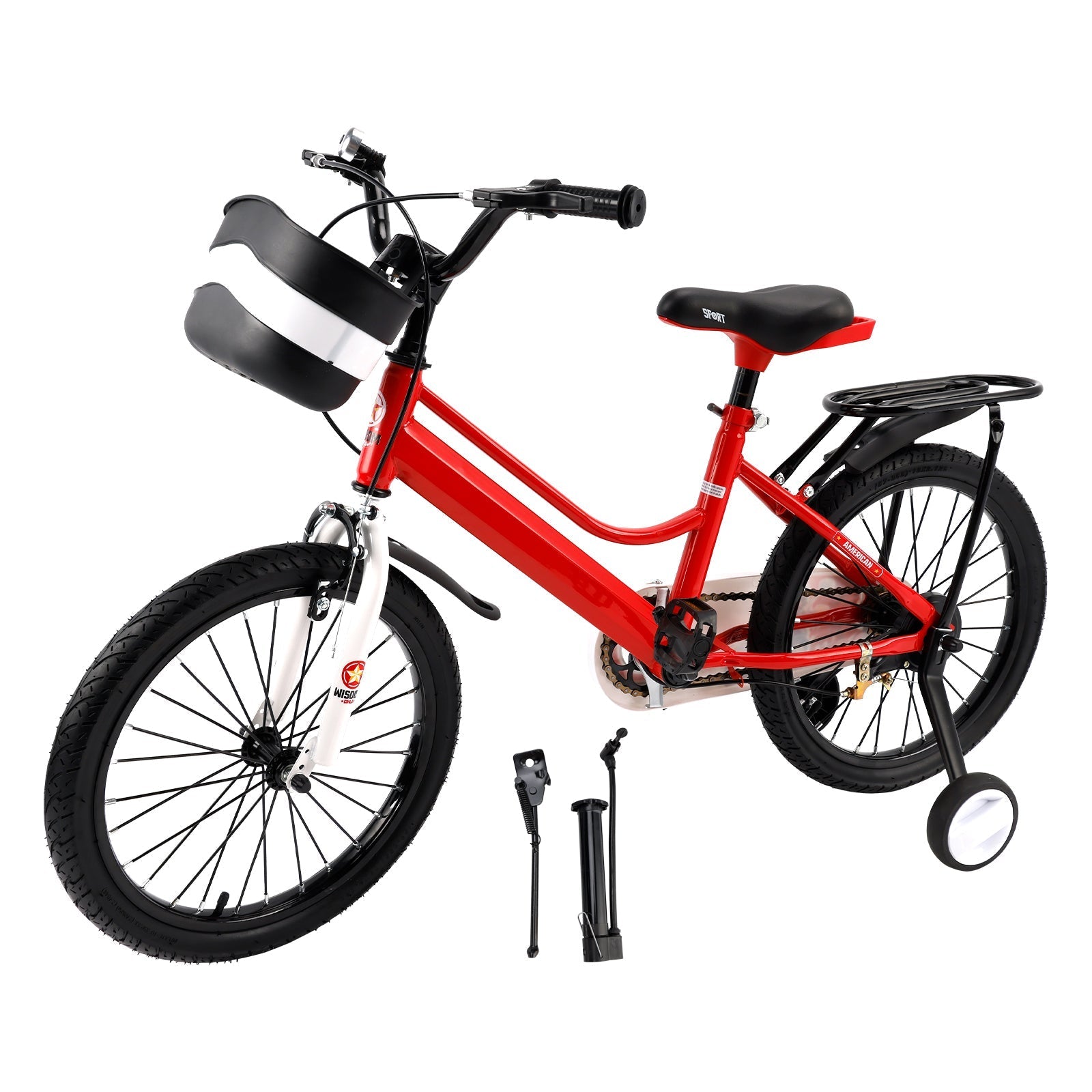 18 Inch Children's Bike Red with Stabilizer Wheels and Luggage Rack for Boys and Girls
