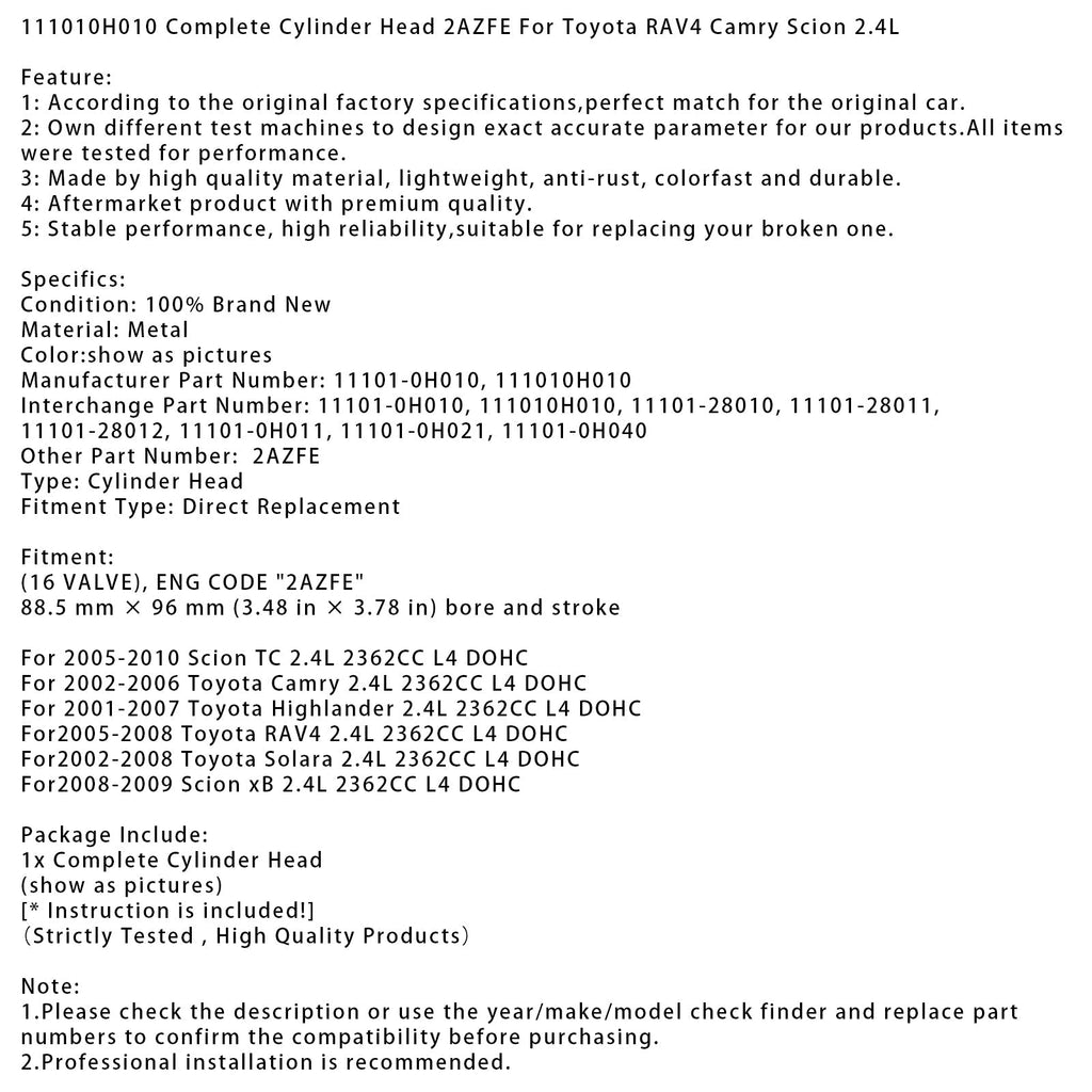 Complete Cylinder Head for Toyota Highlander 2001-2007 2.4L DOHC 2AZFE Engine