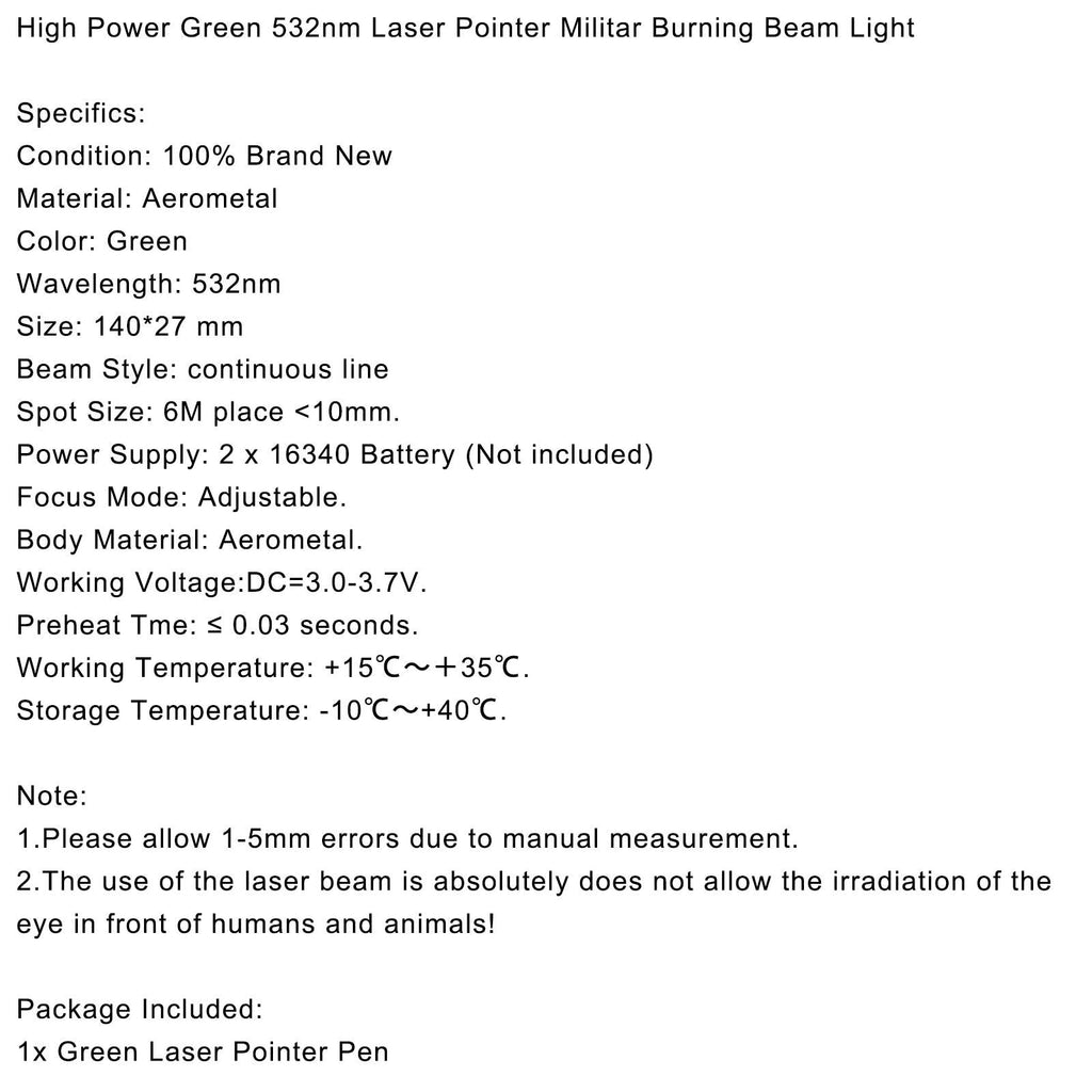 High Power 1MW 532nm Green Laser Pointer - 20 Mile Range Military Burning Beam