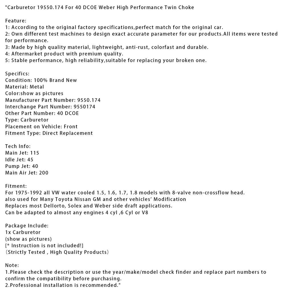 1975-1992 Volkswagen Water Cooled 1.5 1.6 1.7 1.8 Engine 40 DCOE Weber Twin Choke High Performance Carburetor