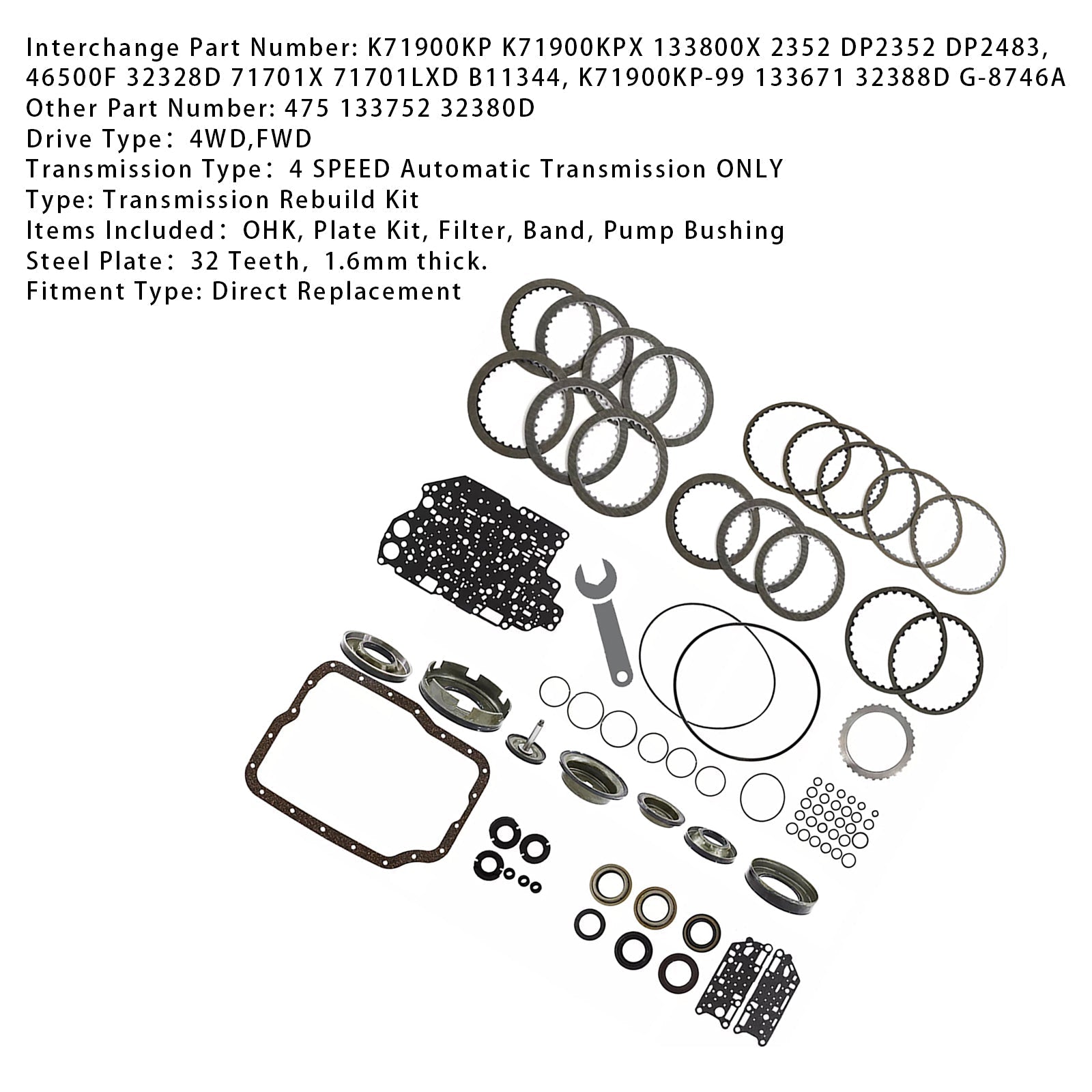 2001-2017 Mazda MPV 4-Speed FWD/4WD 2.3L 4F27E FN4A-EL Transmission Overhaul Kit with Pistons 99-UP