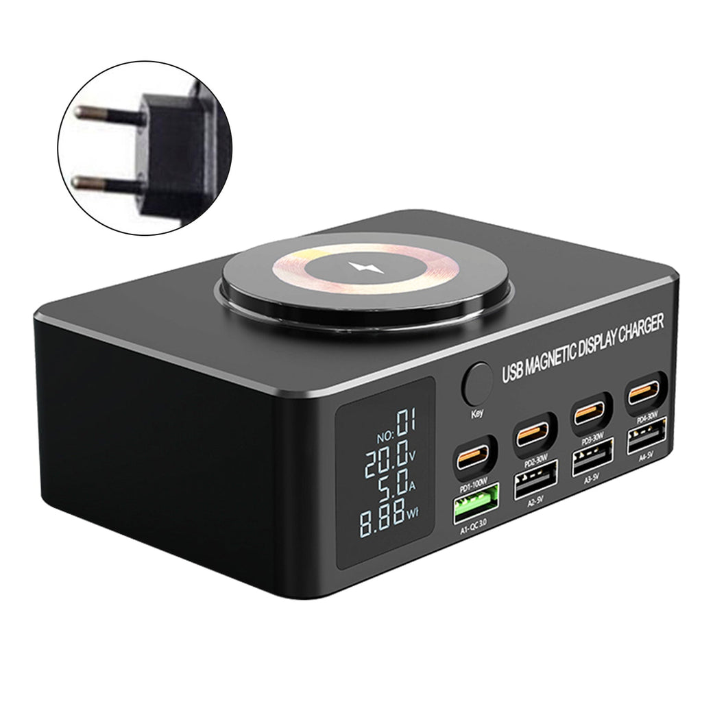 140W High-Speed USB Charger Station with PD100W Technology, Smart Digital Display, Multiple USB Ports, Magnetic Wireless Charging Capability, and EU Connector