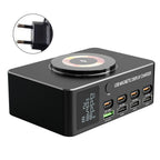 140W High-Speed USB Charger Station with PD100W Technology, Smart Digital Display, Multiple USB Ports, Magnetic Wireless Charging Capability, and EU Connector