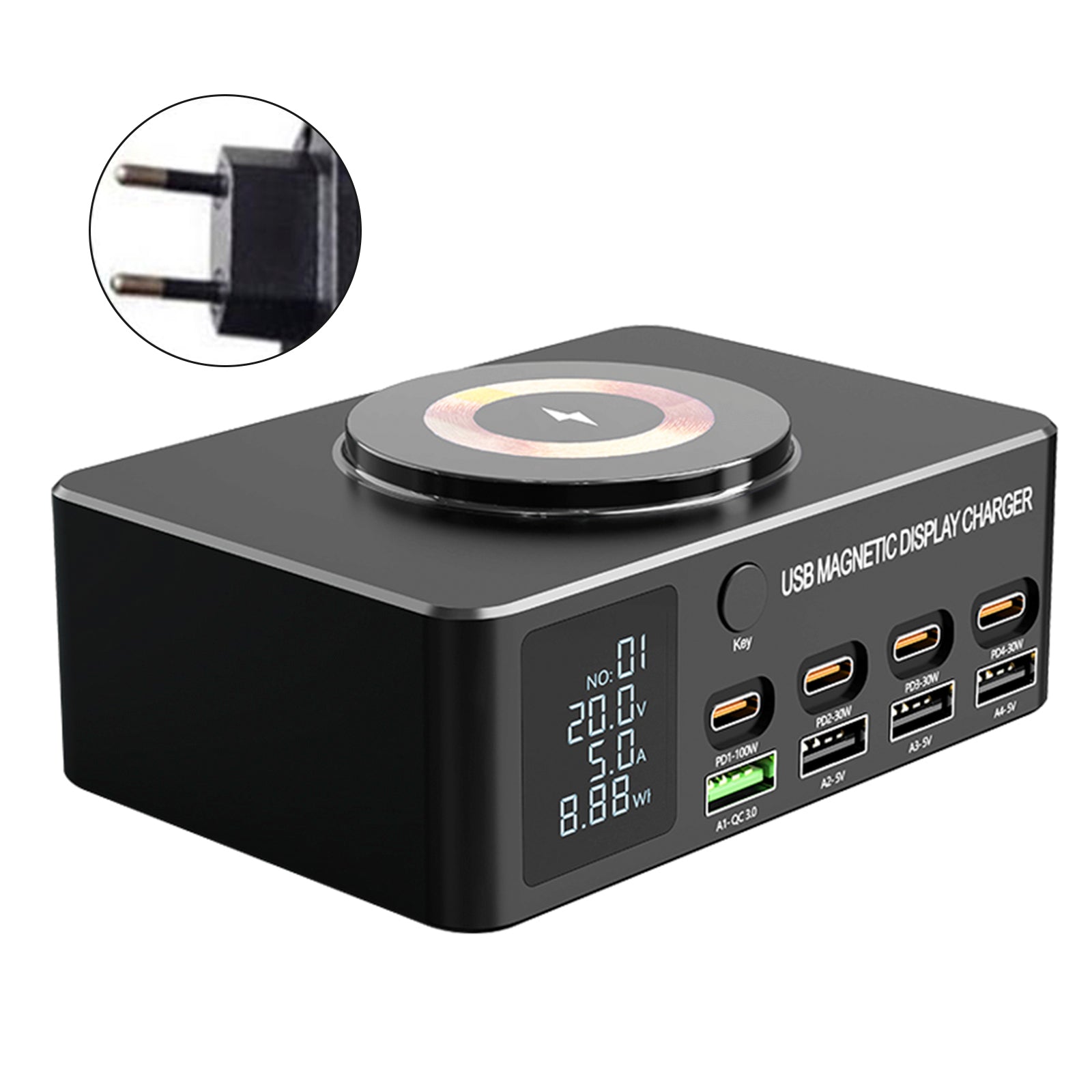140W High-Speed USB Charger Station with PD100W Technology, Smart Digital Display, Multiple USB Ports, Magnetic Wireless Charging Capability, and EU Connector