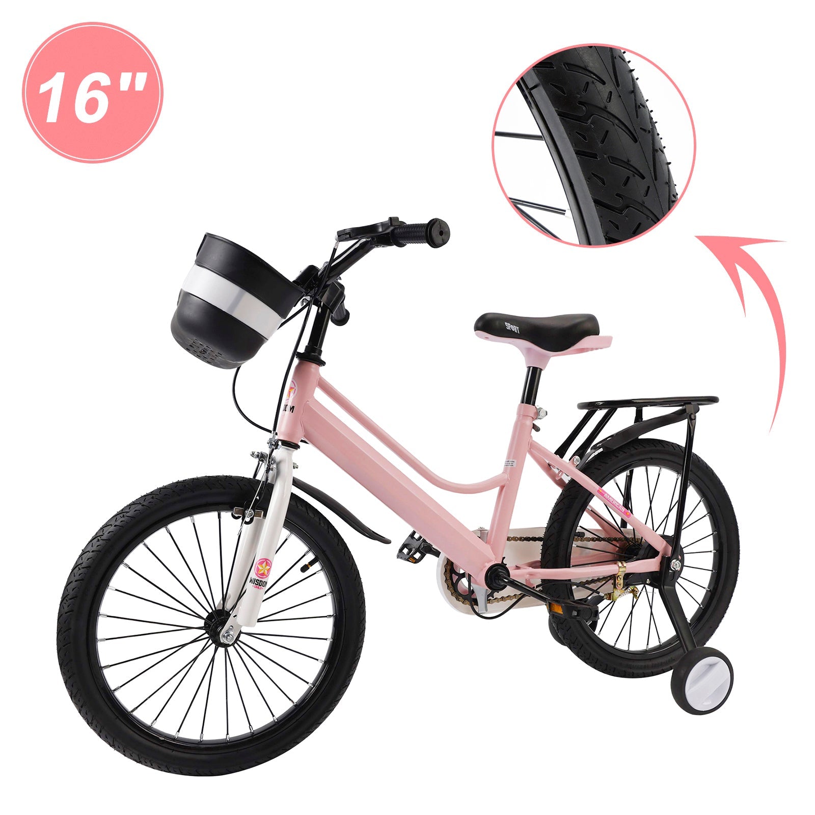 16 and 18 Inch Children's Bicycle with Balance Wheels, Rear Rack and Cargo Basket