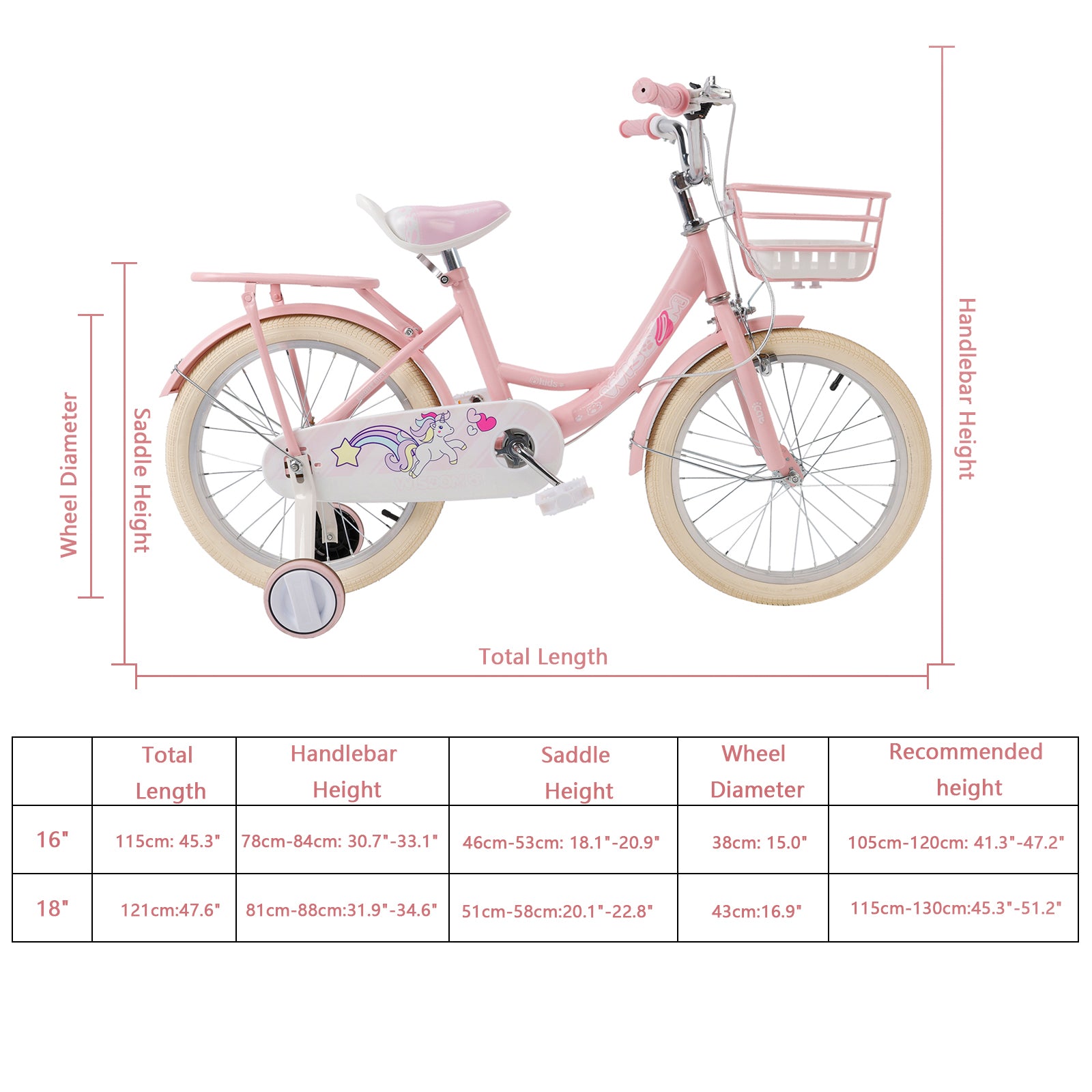 16" Girls Children's Bike with Side Wheels, Front Basket and Luggage Rack Pink
