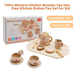 13-Piece Kids Play Kitchen Wooden Tableware and Tea Service Set