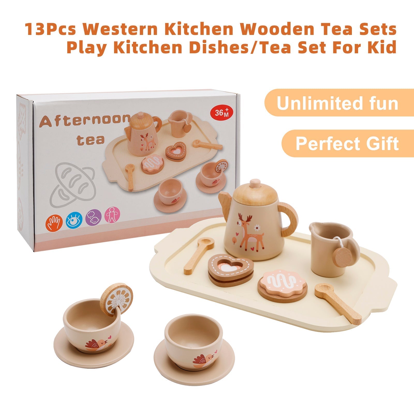 13-Piece Kids Play Kitchen Wooden Tableware and Tea Service Set