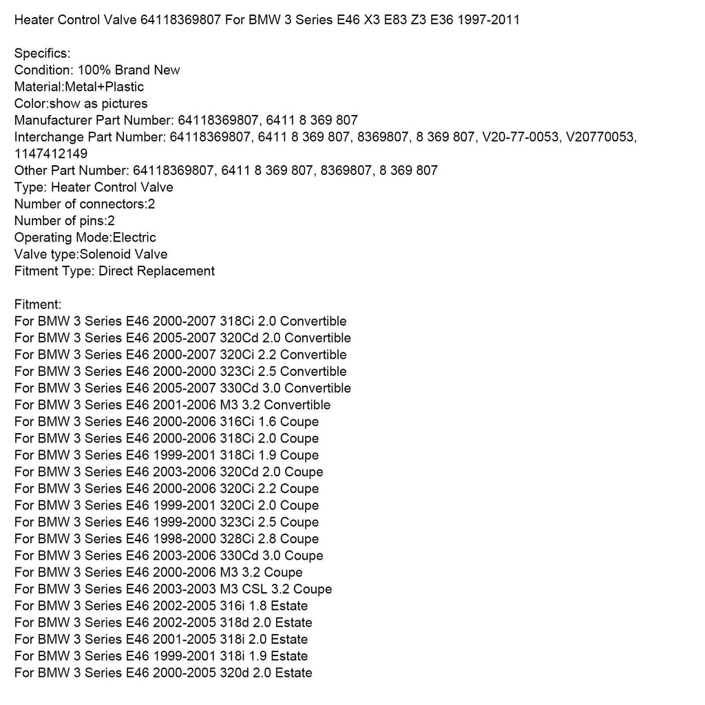 2001-2003 BMW Z3 E36 M 3.2 3.2 Convertible Heater Control Valve 64118369807