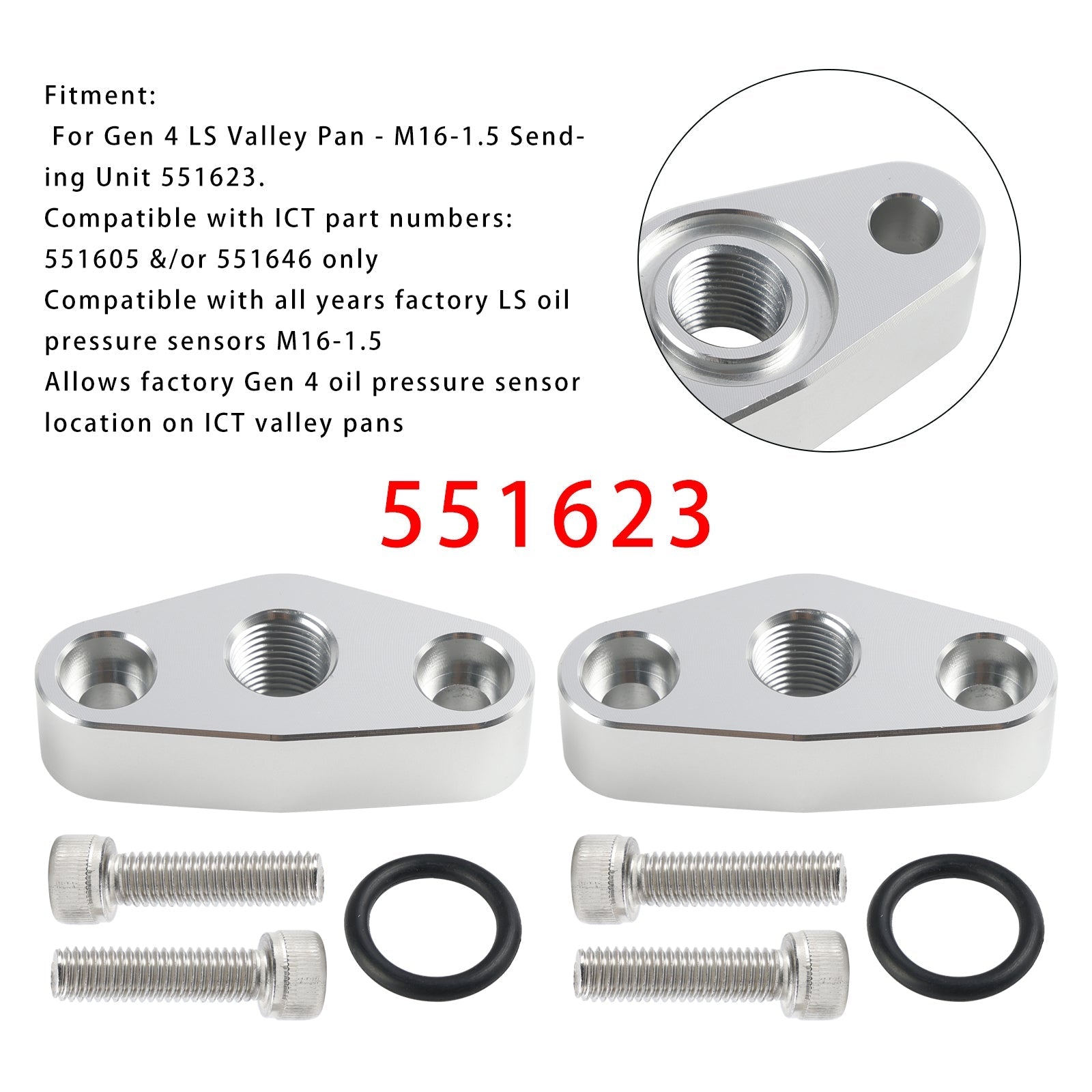 2 Piece Chevy LS M16 x 1.5 Oil Pressure Sensor Adapter Plate 551623