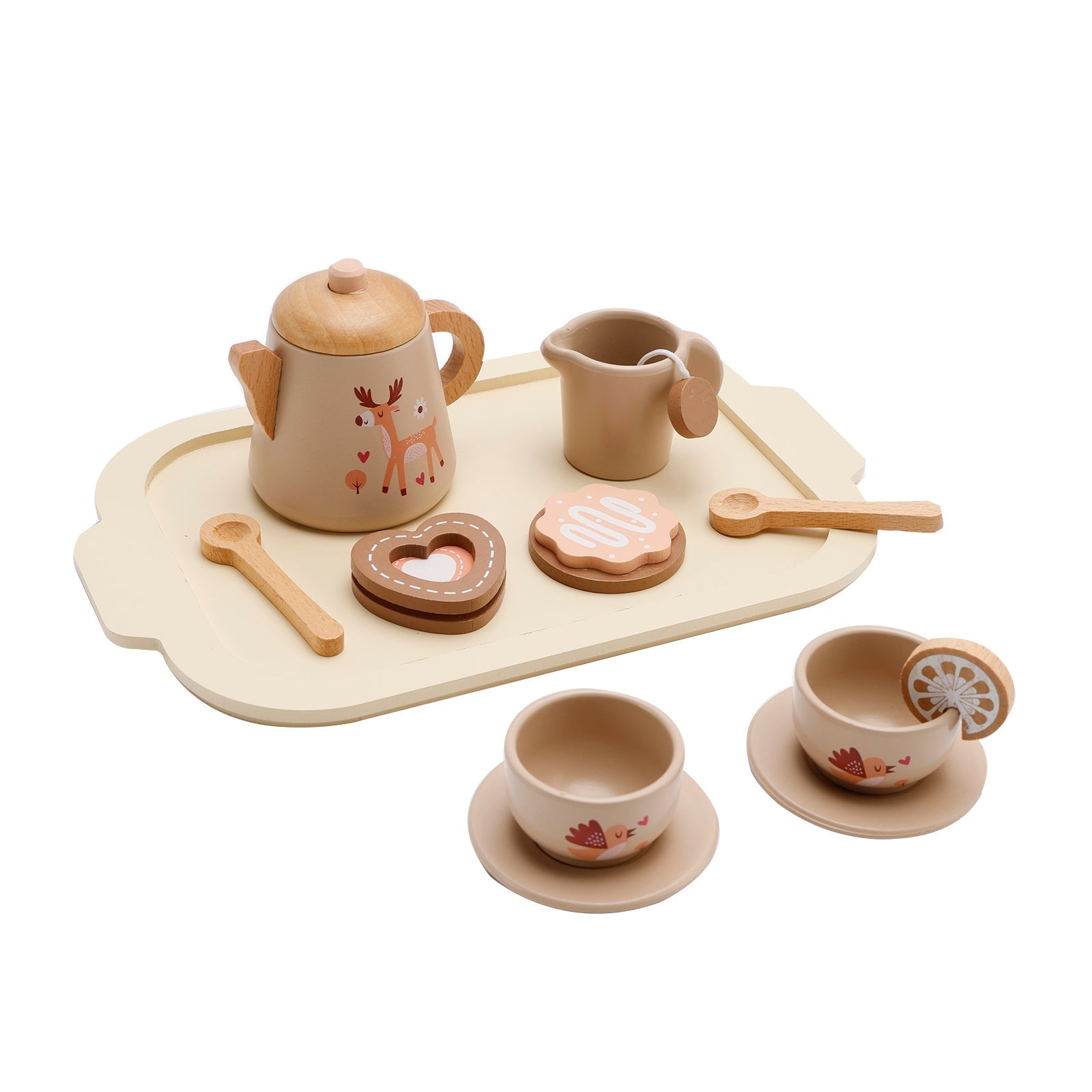 13-Piece Kids Play Kitchen Wooden Tableware and Tea Service Set