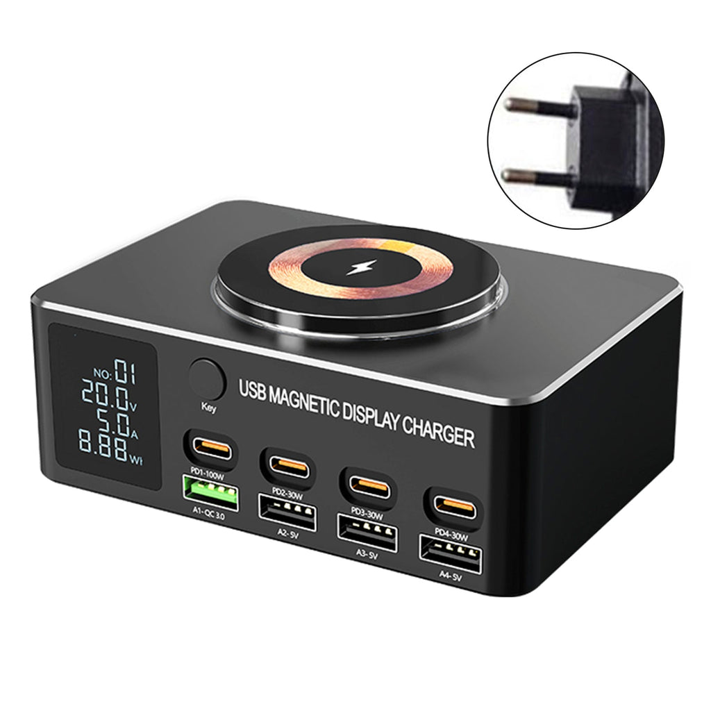 140W High-Speed USB Charger Station with PD100W Technology, Smart Digital Display, Multiple USB Ports, Magnetic Wireless Charging Capability, and EU Connector