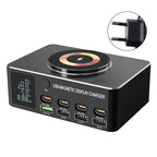 140W High-Speed USB Charger Station with PD100W Technology, Smart Digital Display, Multiple USB Ports, Magnetic Wireless Charging Capability, and EU Connector