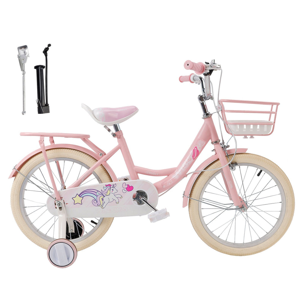 16 Inch Girls Bicycle with Training Wheels, Basket, and Rear Rack in Pink