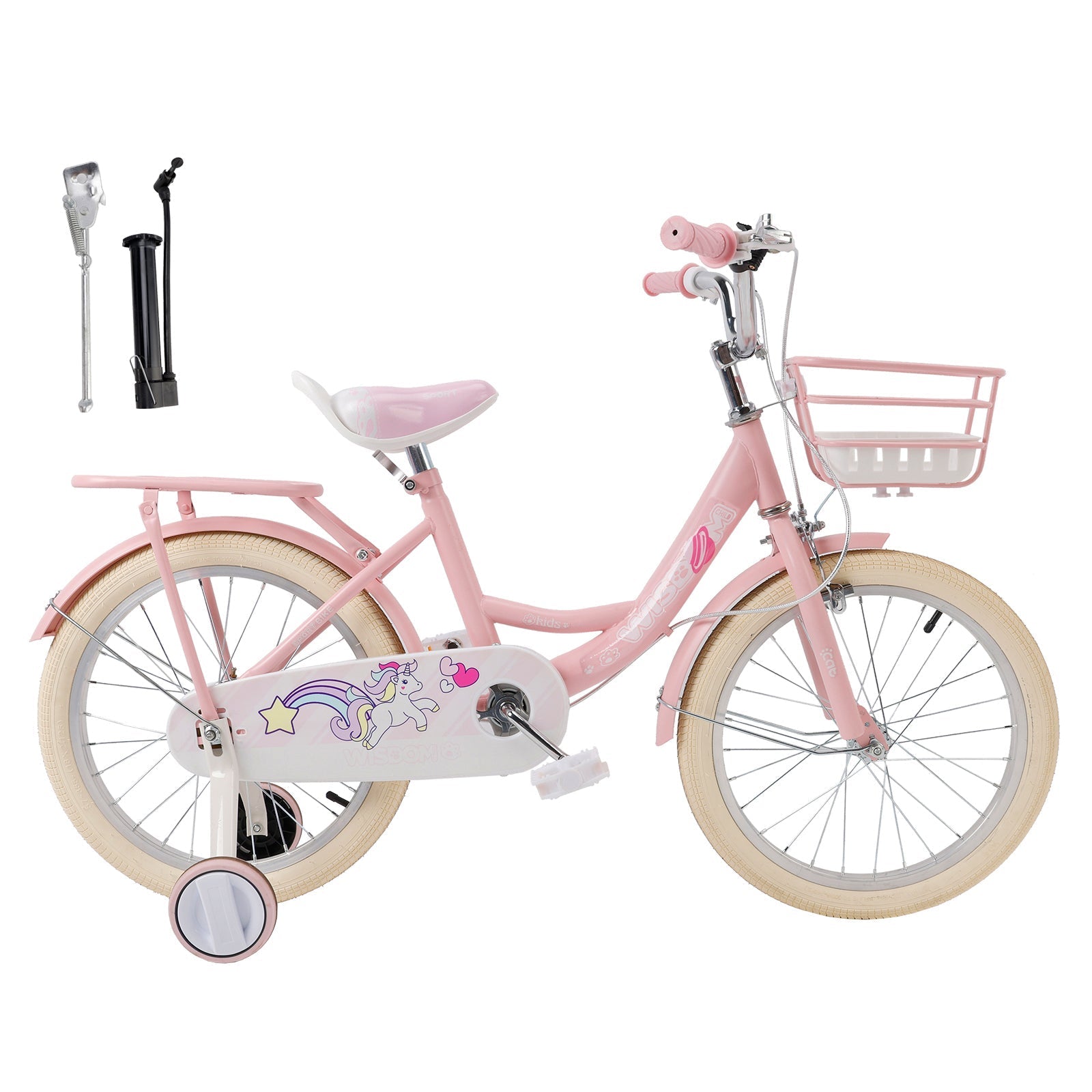 16 Inch Girls Bicycle with Training Wheels, Basket, and Rear Rack in Pink
