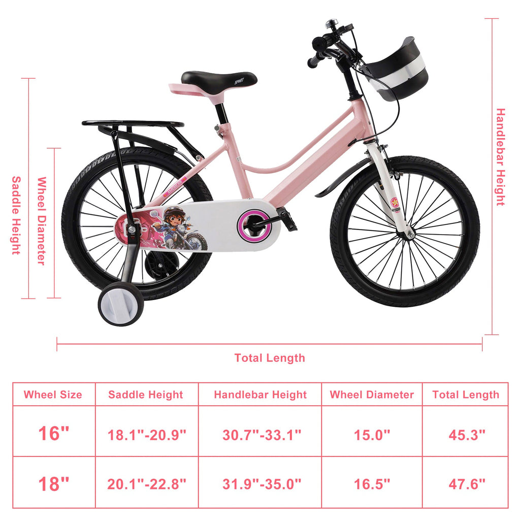 18" Youth Bike with Kickstand, Training Wheels and Baggage Rack - Pink