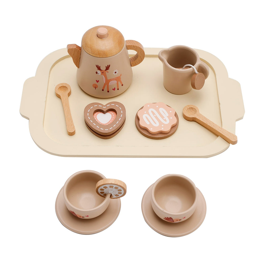 13-Piece Kids Play Kitchen Wooden Tableware and Tea Service Set
