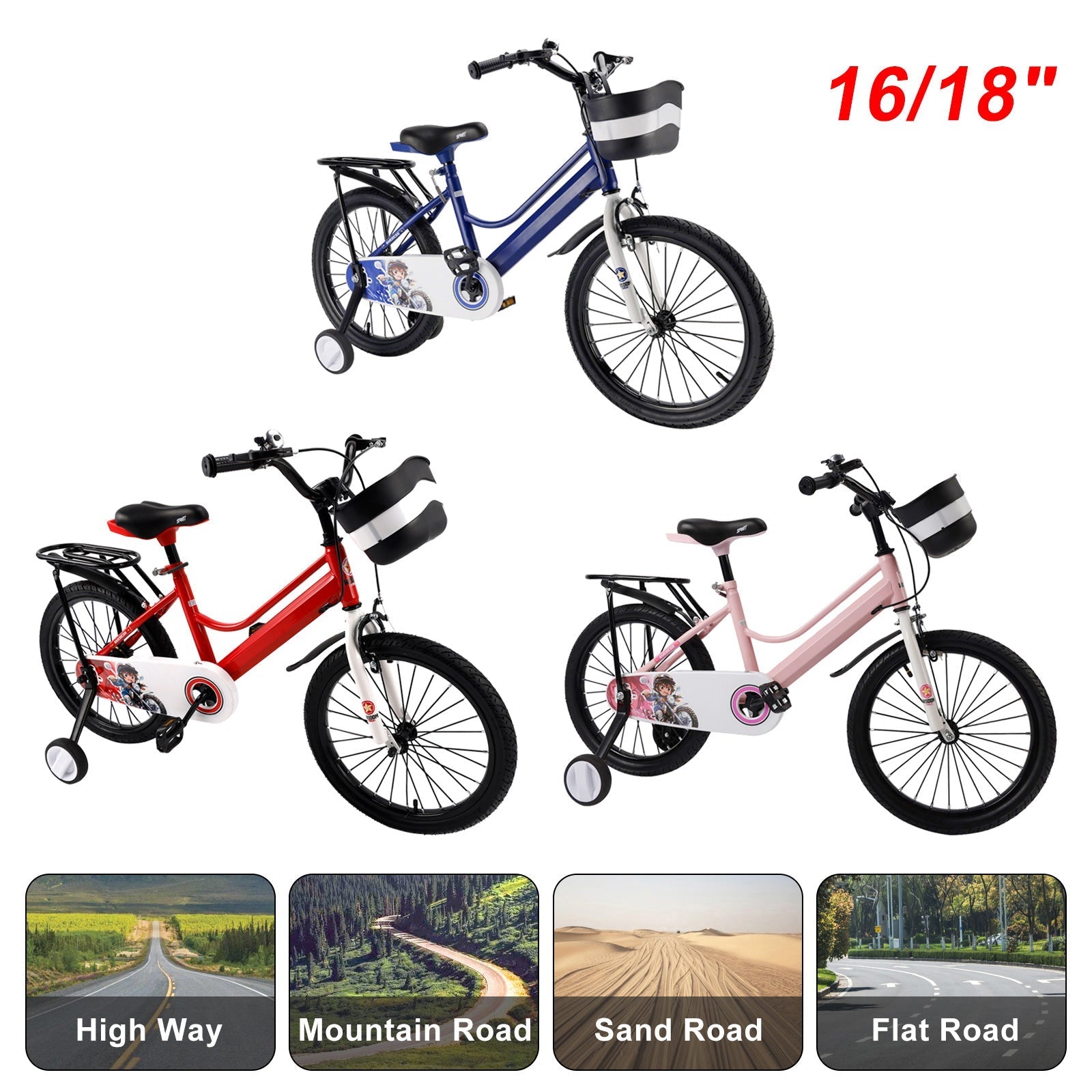 16 and 18 Inch Children's Bicycle with Balance Wheels, Rear Rack and Cargo Basket