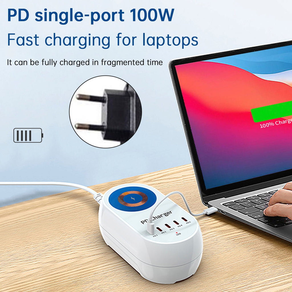 140W Power Delivery Multi-Port Fast Charger with Magnetic Wireless Charging for Laptops and Smartphones EU