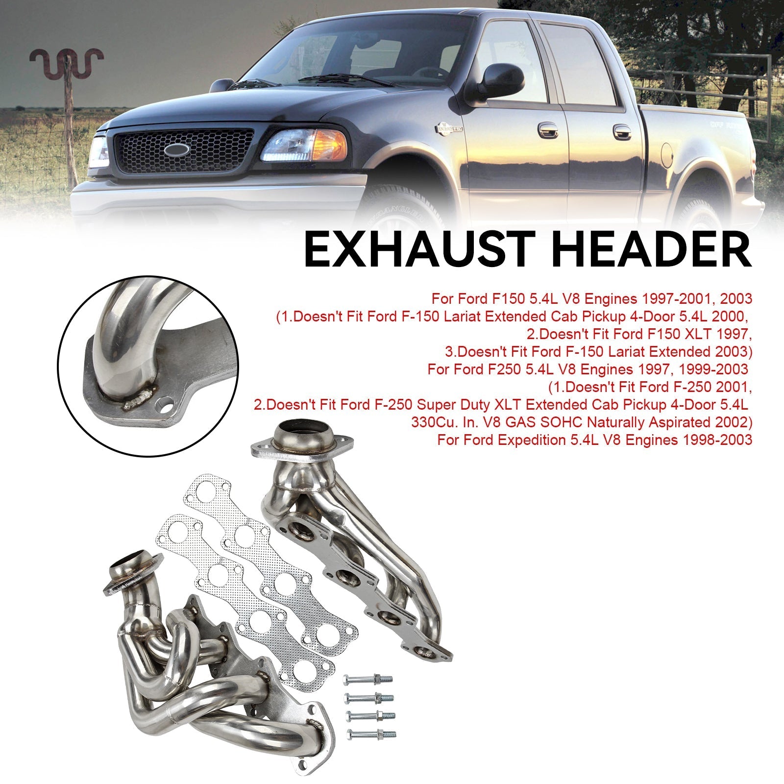 1999-2003 Ford F250 5.4 Liter V8 Engine Manifold Headers