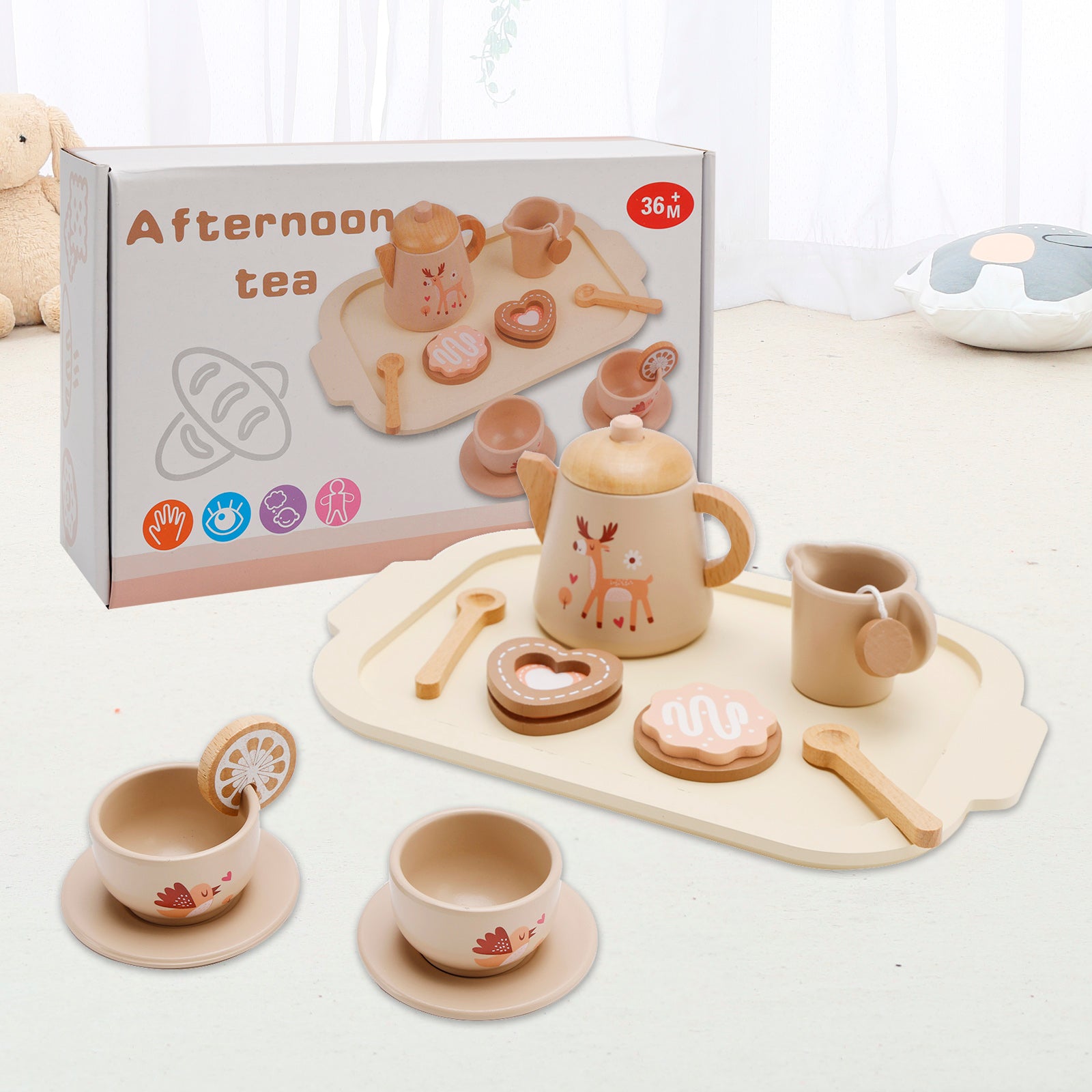 13-Piece Kids Play Kitchen Wooden Tableware and Tea Service Set