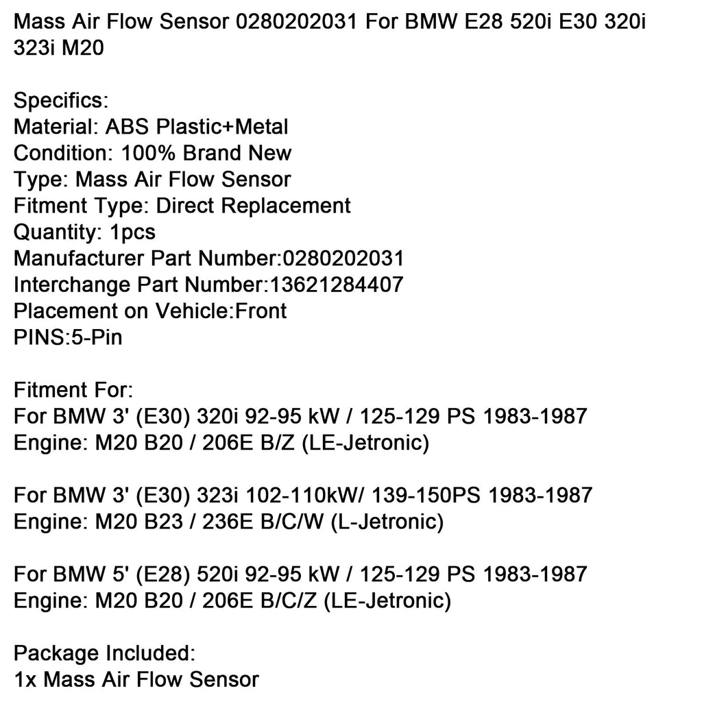 BMW E30 3-Series 320i Mass Air Flow Sensor 0280202031 1983-1987 92-95 kW 125-129 PS