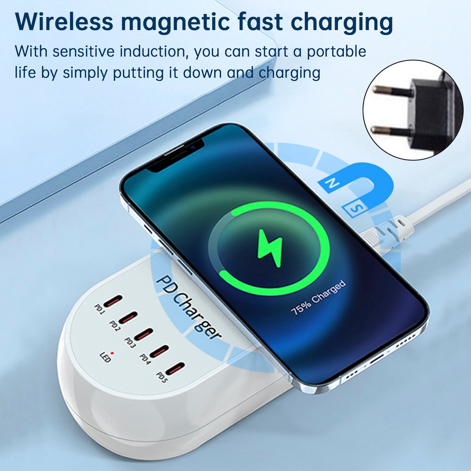 140W Power Delivery Multi-Port Fast Charger with Magnetic Wireless Charging for Laptops and Smartphones EU