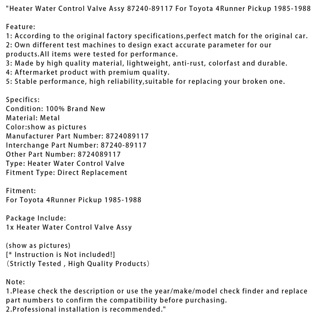 1985-1988 Toyota Pickup 4Runner Heater Control Valve Water Assy Part 8724089117