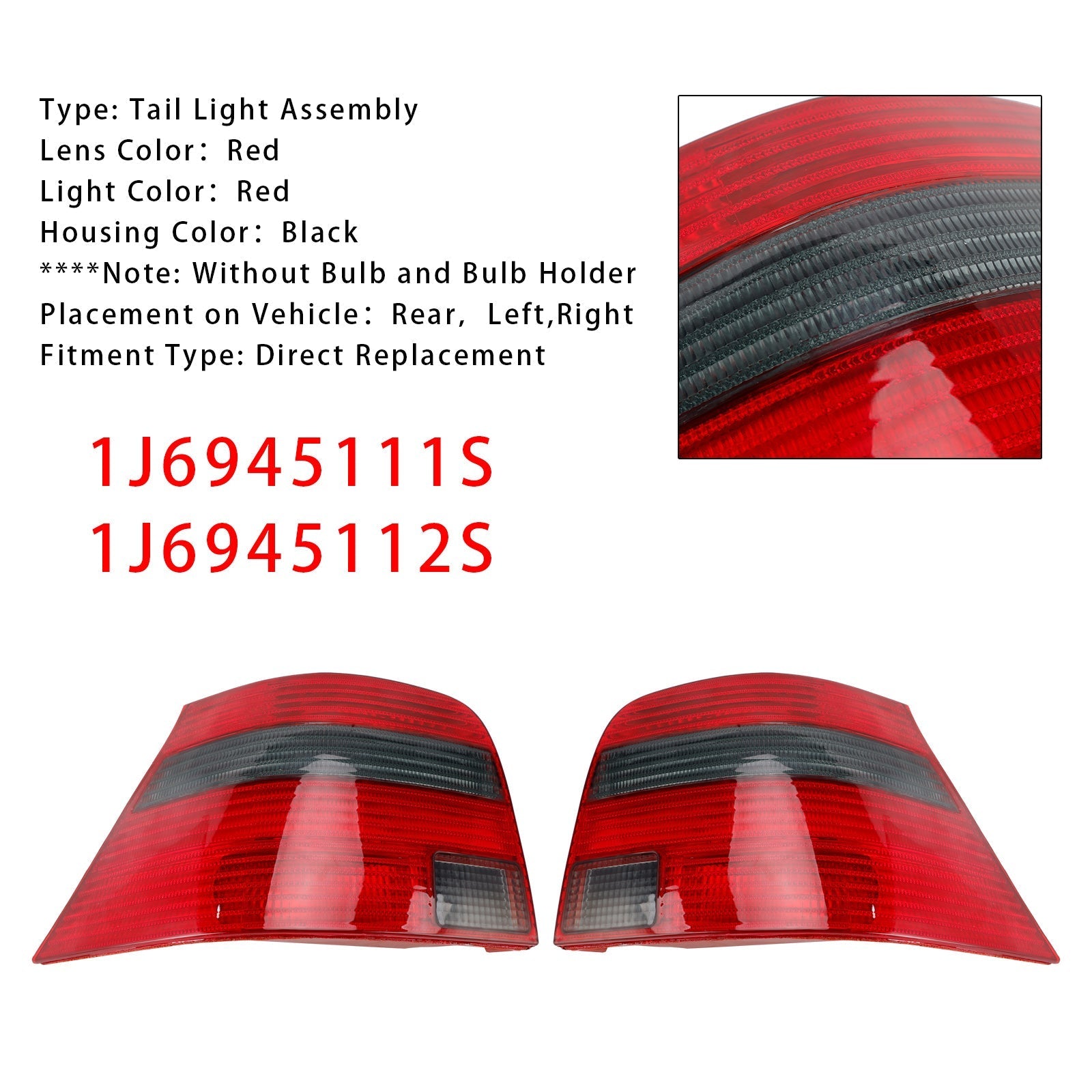 1997-2005 VW Golf Mk4 Hatchback Tail Light Lamp Pair Driver Passenger Side 1J6945111S 12S 1J6945111T